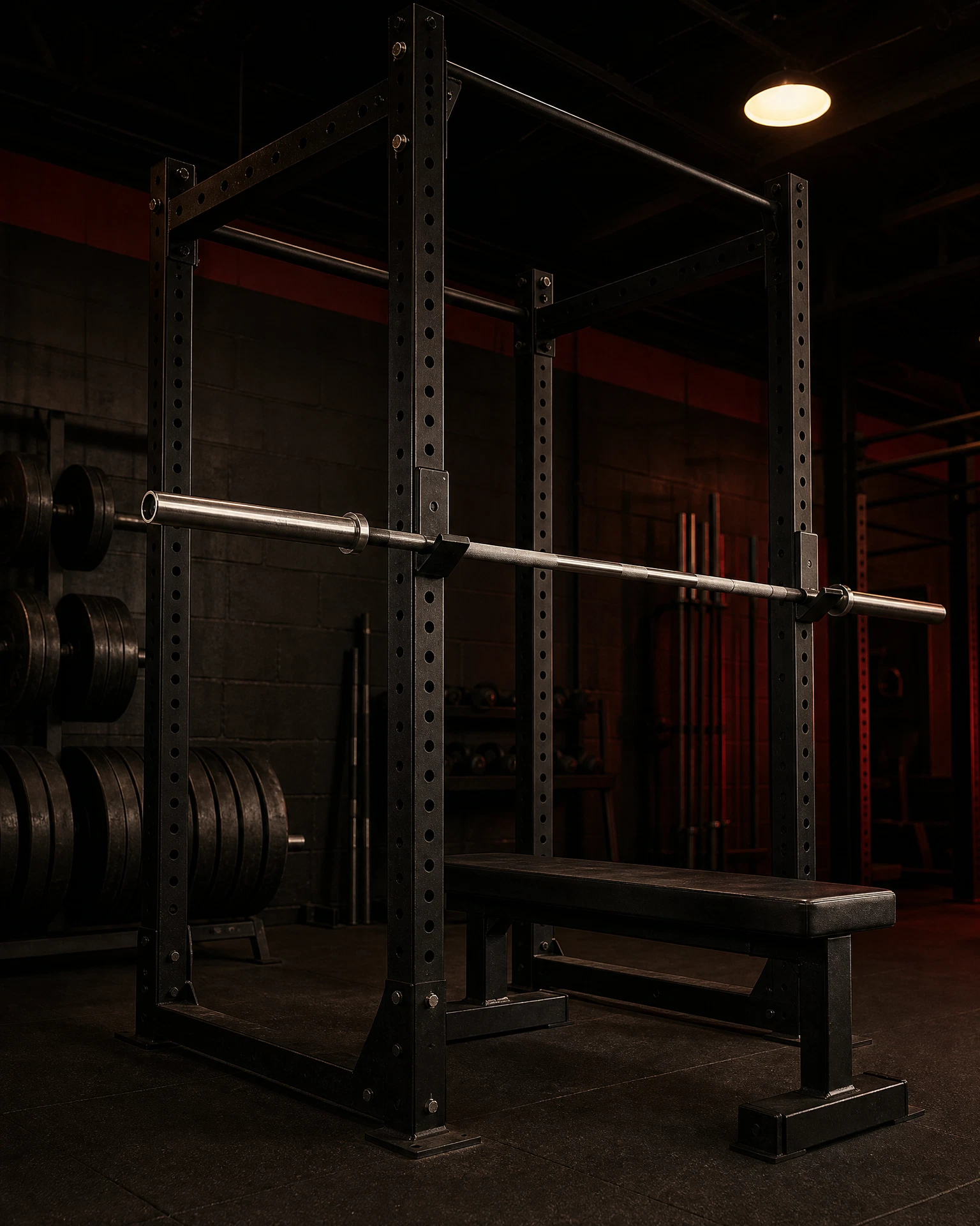 Illustrative empty power rack, barbell, bench, and plate storage